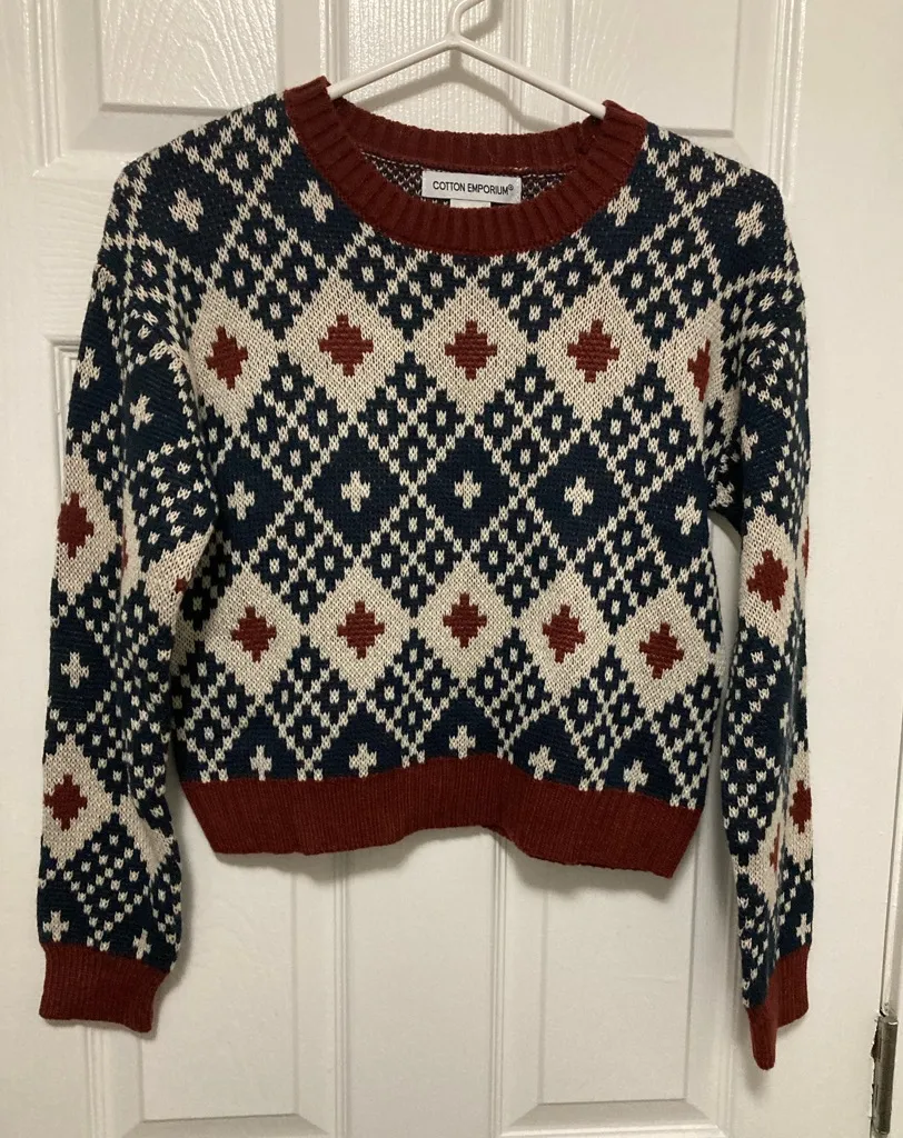 Cotton Emporium New Rust & Navy Cropped Geometric Pattern Knit Sweater - Image 1