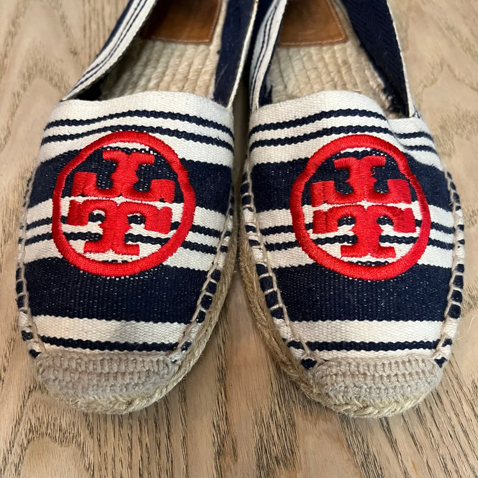 Tory Burch Canvas Striped Espadrille Slip On Red Navy Nautical Women’s Size 8 - Image 4