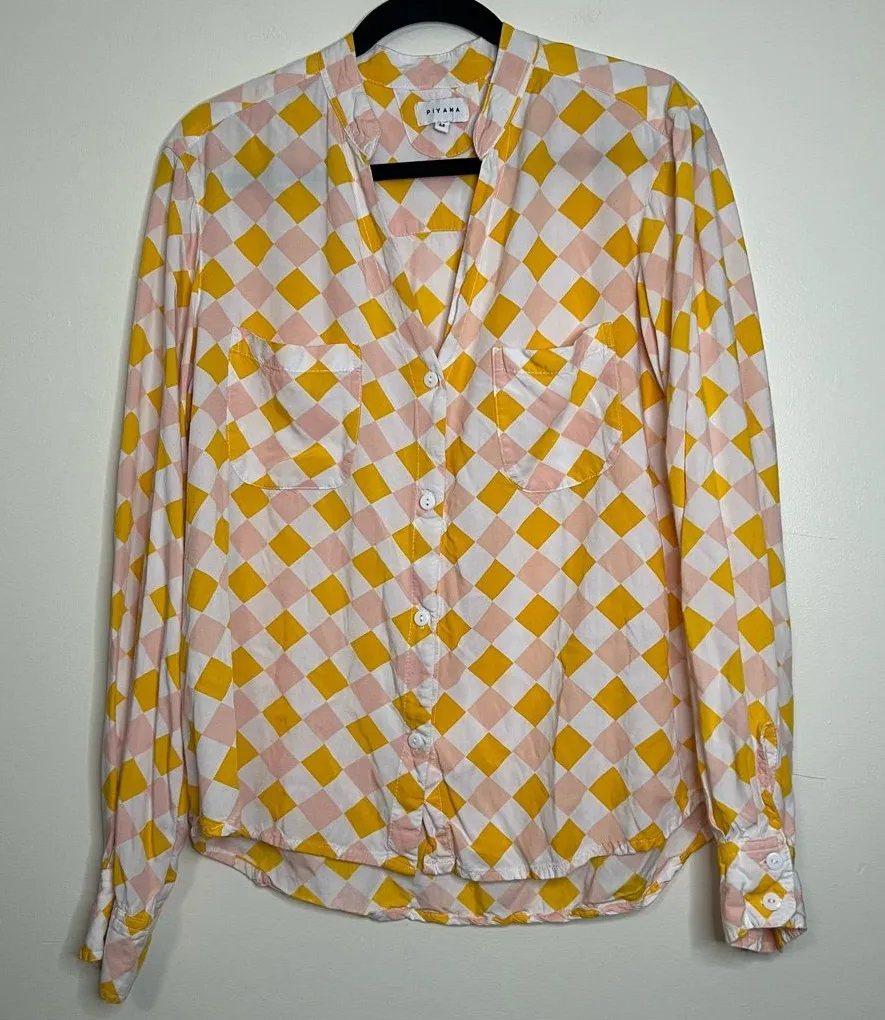 Piyama Checkered Pajama Shirt M Pink Yellow White Button Down 100% Rayon Bali Size M - Image 1