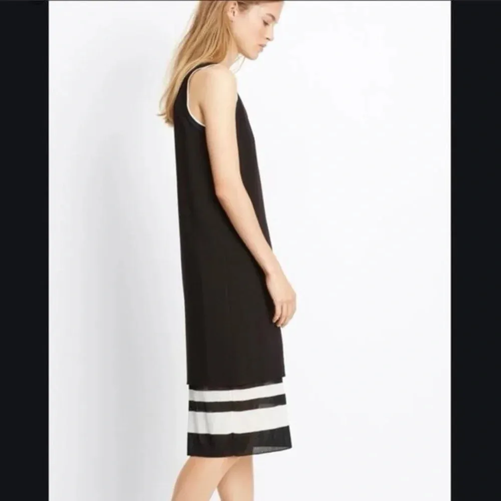 VINCE Black White Stripe Double Layer V-Neck Sleeveless Midi Dress Sz 8 - Image 2
