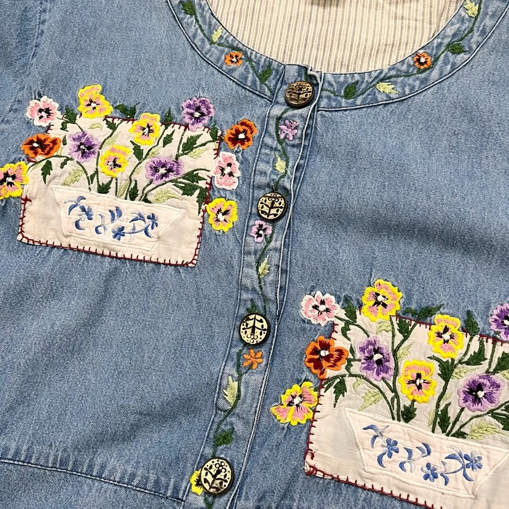 Vtg Papy Boez Denim Dress Embroidered Flowers Cottagecore M/L M Medium L Large Blue - Image 2