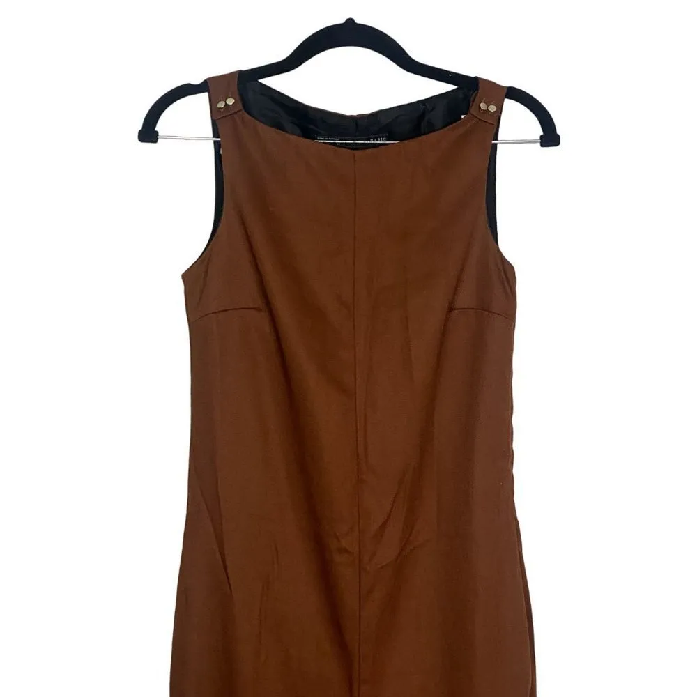 ZARA Sleeveless Jumpsuit Turned Up Hem Side Zipup Square Neck Buttons XS Brown - Image 3