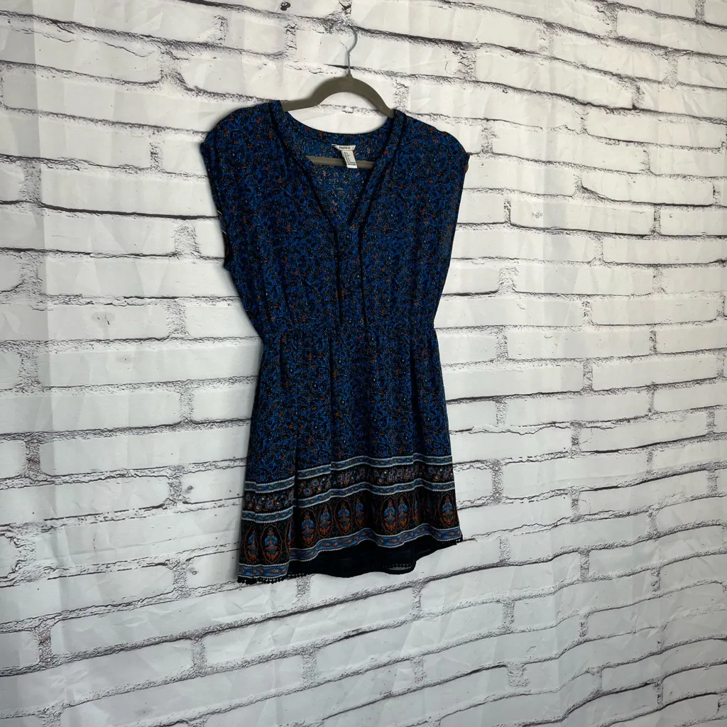 Forever 21 Blue Boho Floral Blouse Women’s Small Cap Sleeve Peplum Tunic Top Y2K - Image 2