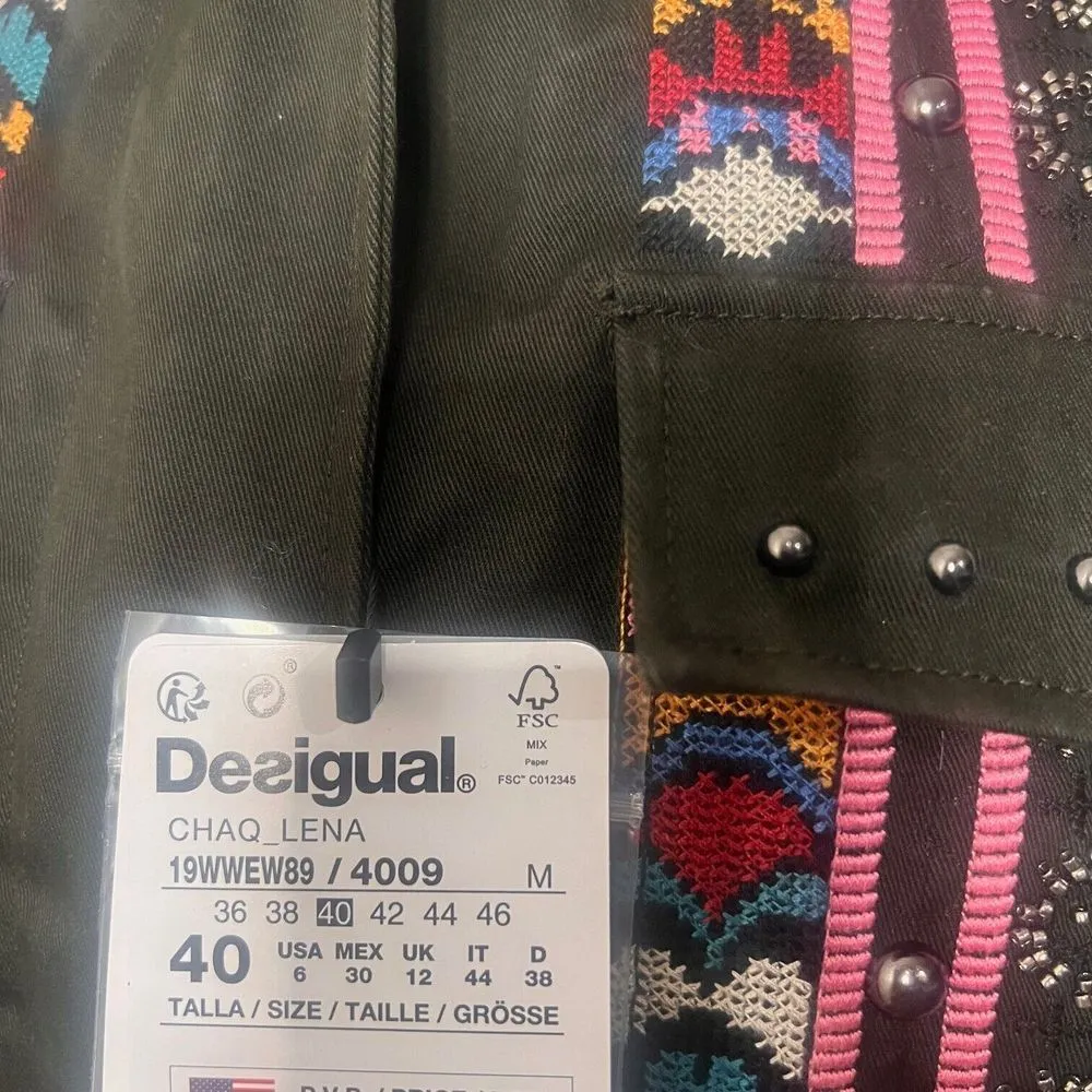 DESIGUAL Womens Lena Hooded Mid Length Parka Jacket Ethnic Embroidered Size 6 US - Image 4