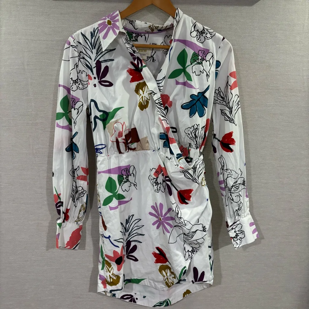 Anthropologie Maeve Wrap Shirt‎ Dress Multi Floral White Size small - Image 2
