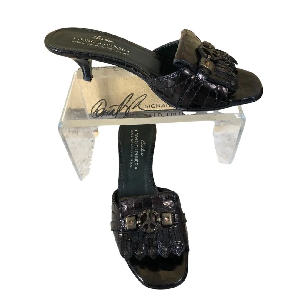 Donald Pliner Black Metallic Patent Gator Leather Slide Shoe Peace New $295 NIB Size 6.5 - Image 6