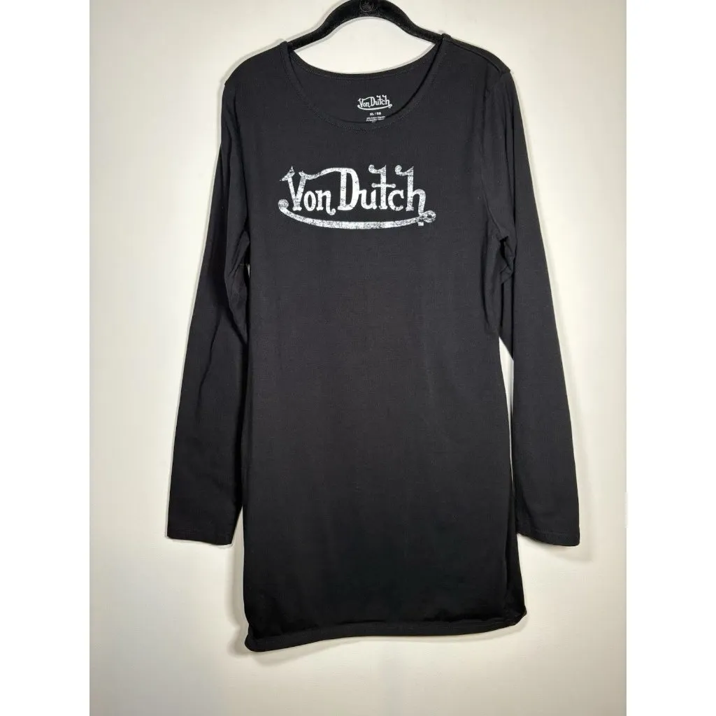 VON DUTCH Size XL Black Long-Sleeve Logo T-Shirt Dress - Image 2