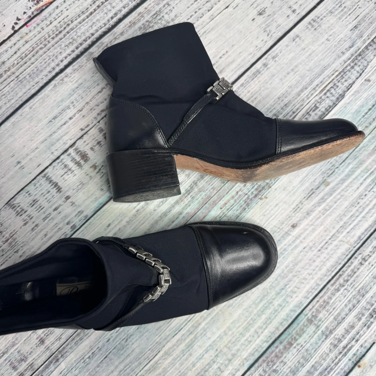 Brighton Black Leather & Fabric Ankle Boots Silver Buckle Accent 6 - Image 5