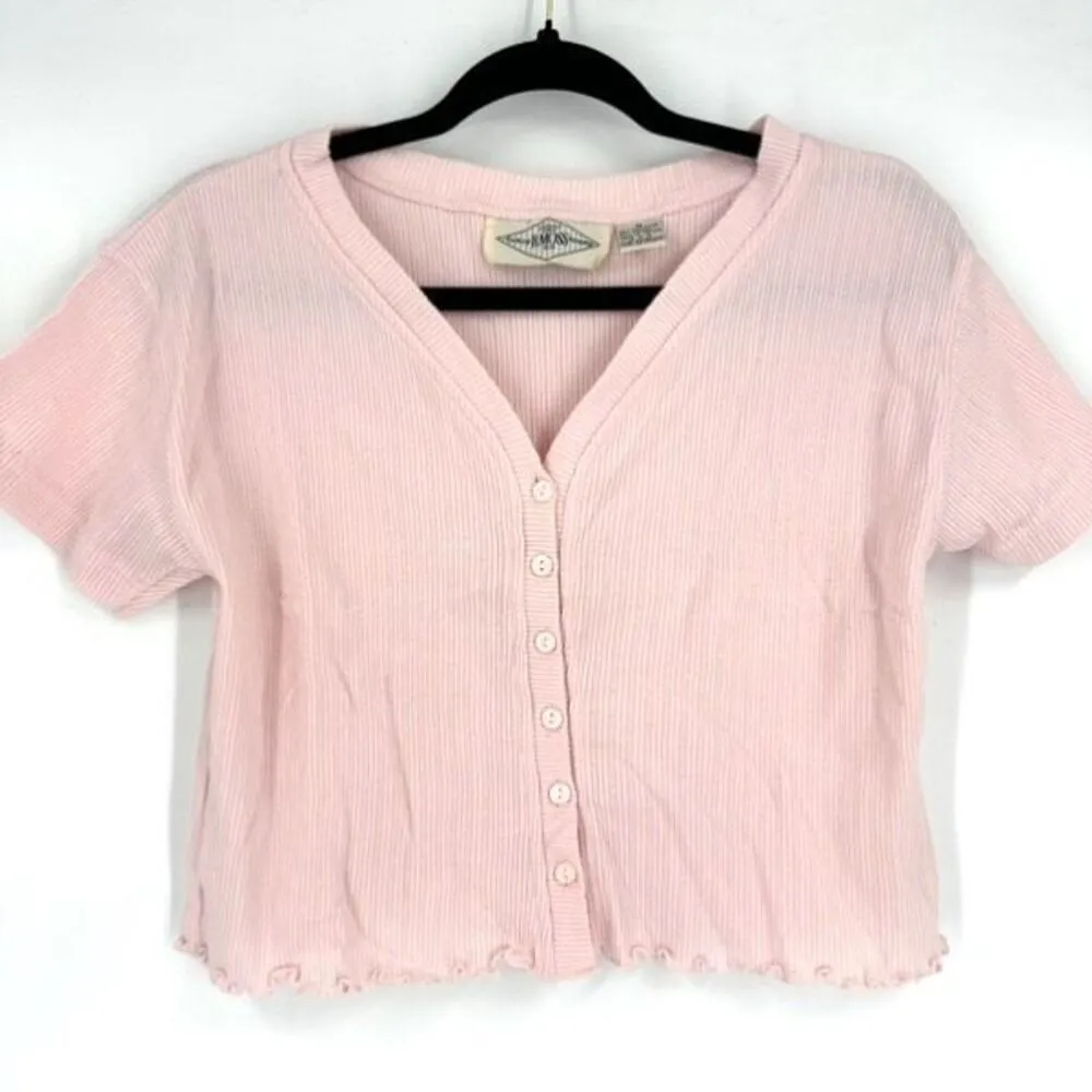 Y2K B. Moss Ribbed Henley Lettuce Trim‎ Crop Shirt Pink & Blue Medium Baby Tee - Image 10