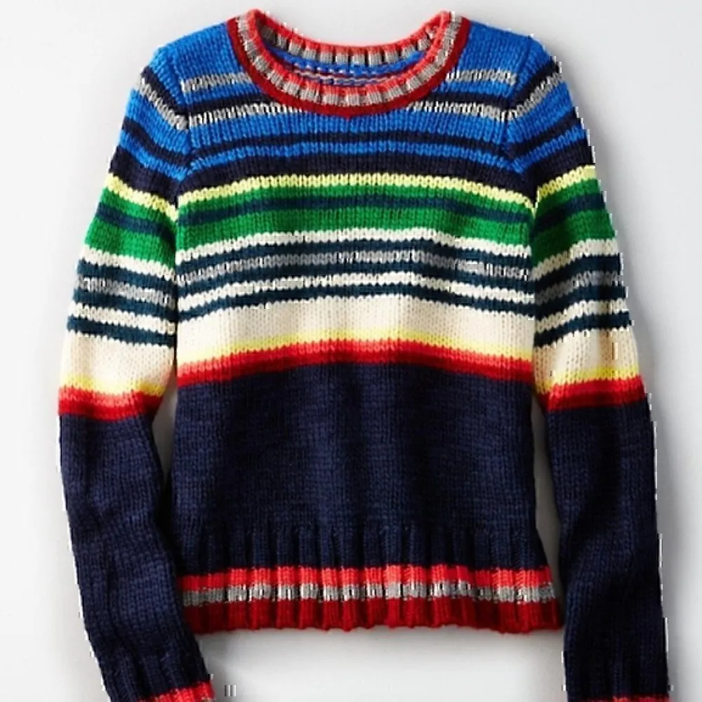 AMERICAN EAGLE Rainbow Navy Cream Striped Chunky Knit WOOL Etc Crew Neck Sweater - Image 3