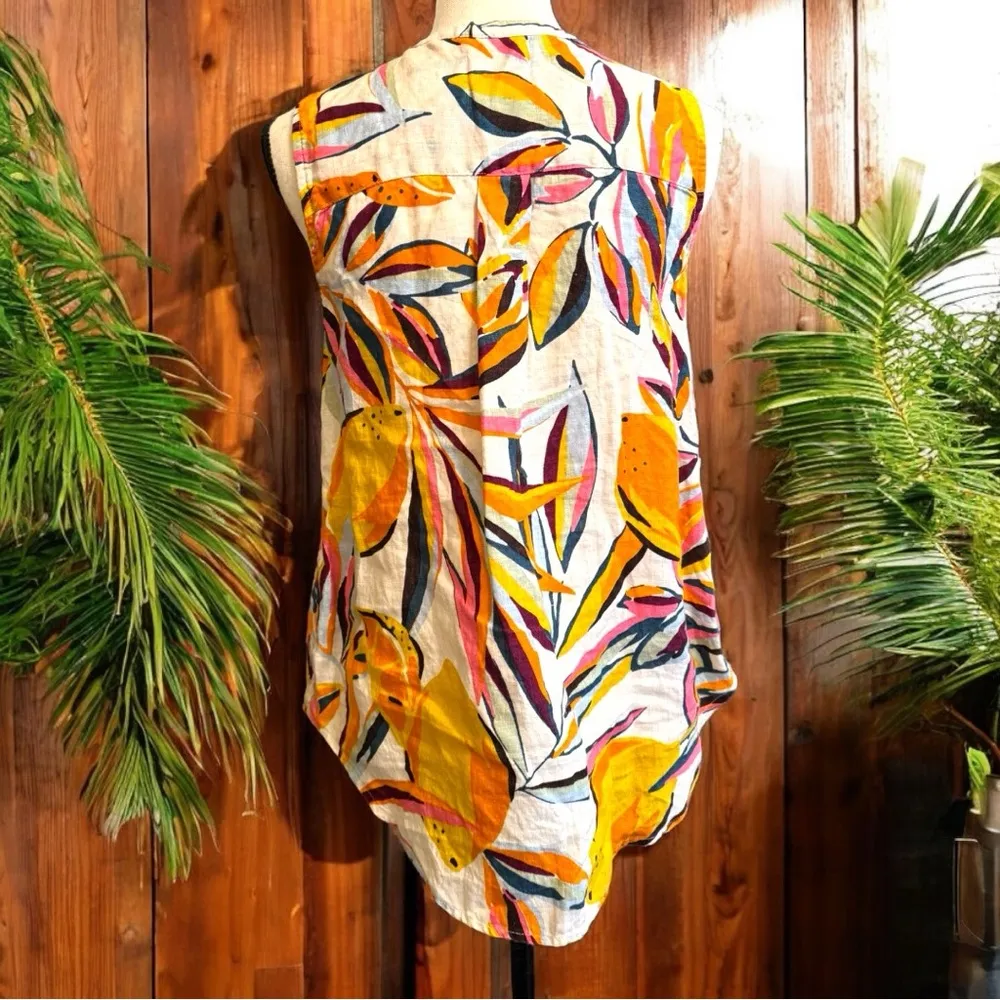 C&C CALIFORNIA 100% Linen Tropical Lemon Print Sleeveless Tunic Top - Medium - Image 3