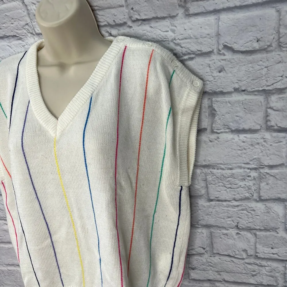 Vintage Jantzen Womens V Neck Short Sleeve Sweater White Multi Stripe Size L - Image 2