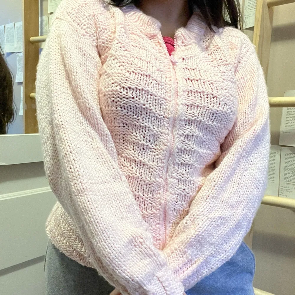 Cute and Comfy Pastel Pink Knitted Sweater with Front Zipper - Image 3
