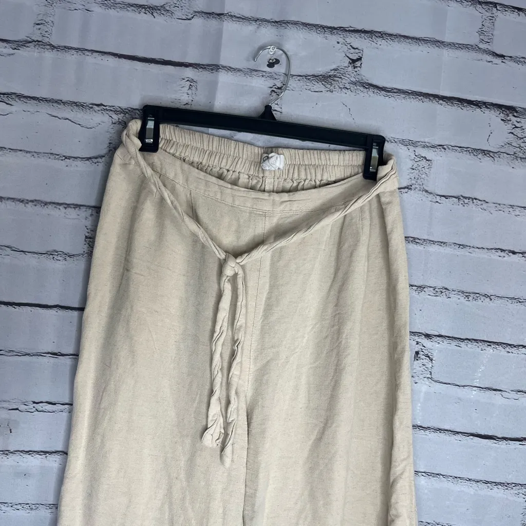 Japna Cream Linen Tie Waist Pants Sz L Wide Leg Summer Beach Travel Resort Y2K - Image 5