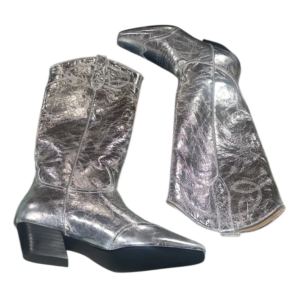 NEW $180 Steve Madden Dollie Western Cowboy Boots Silver 9.5 Leather - Image 10