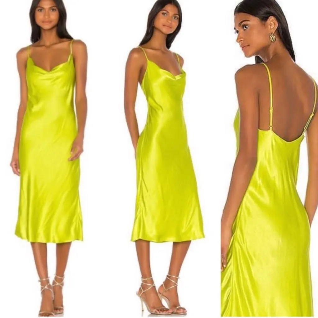 Revolve Bardot Sharnie Slip Dress Cowneck Midi in Satin Neon Green Size 8 M - Image 2