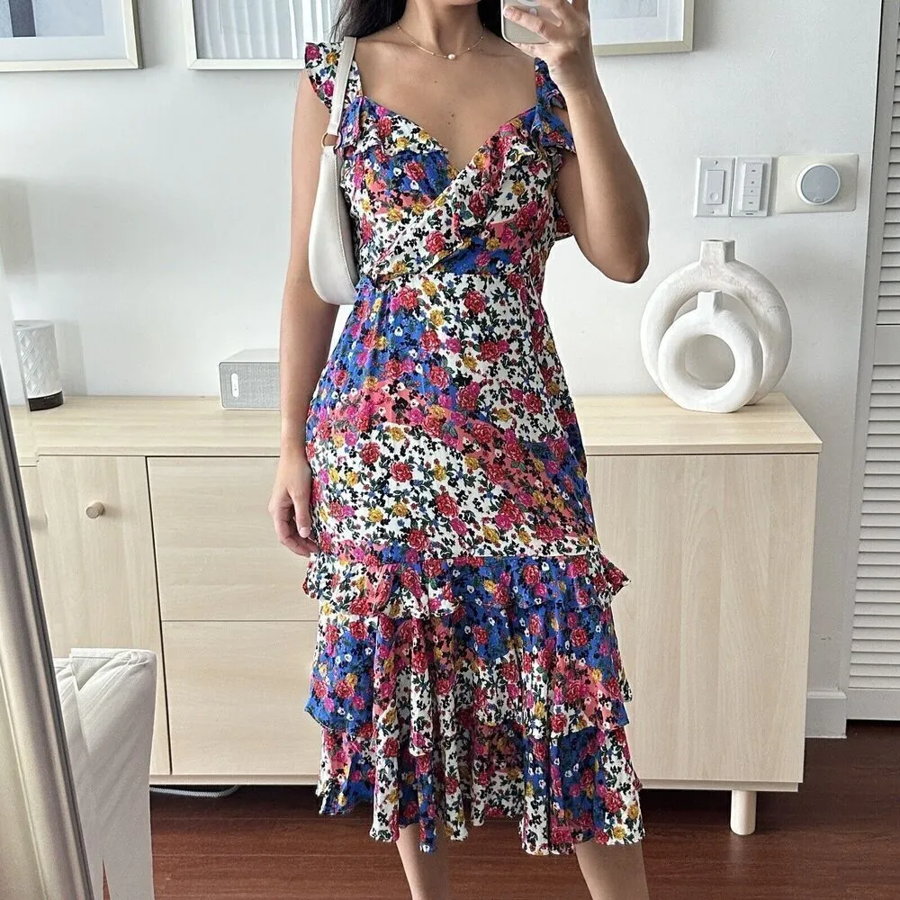 Majorelle Nolita Dress Womens Large Midi Floral Dress Patchwork Revolve Ruffle - Image 6
