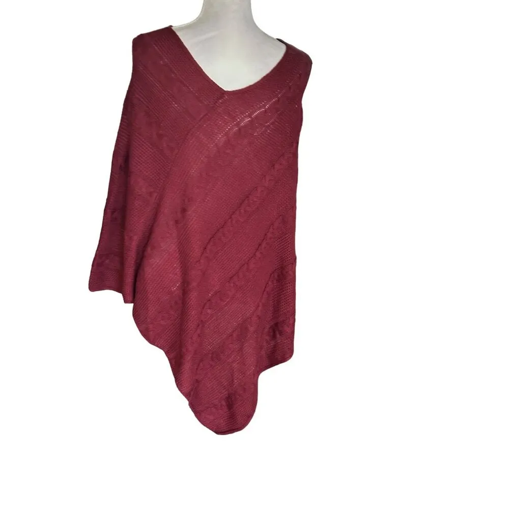 Cozy Burgundy Knit Textured Poncho - Image 4