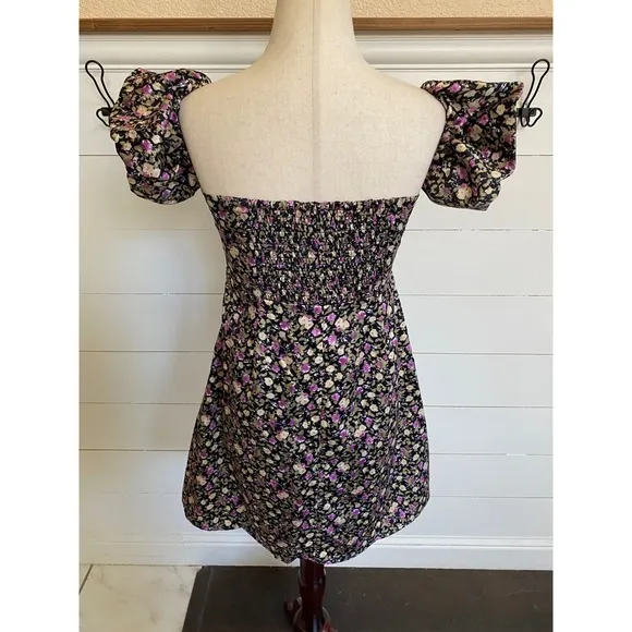 Pomelo Romantic Square Neck Puff Sleeve Mini Dress Black Purple Dainty Floral - Image 7