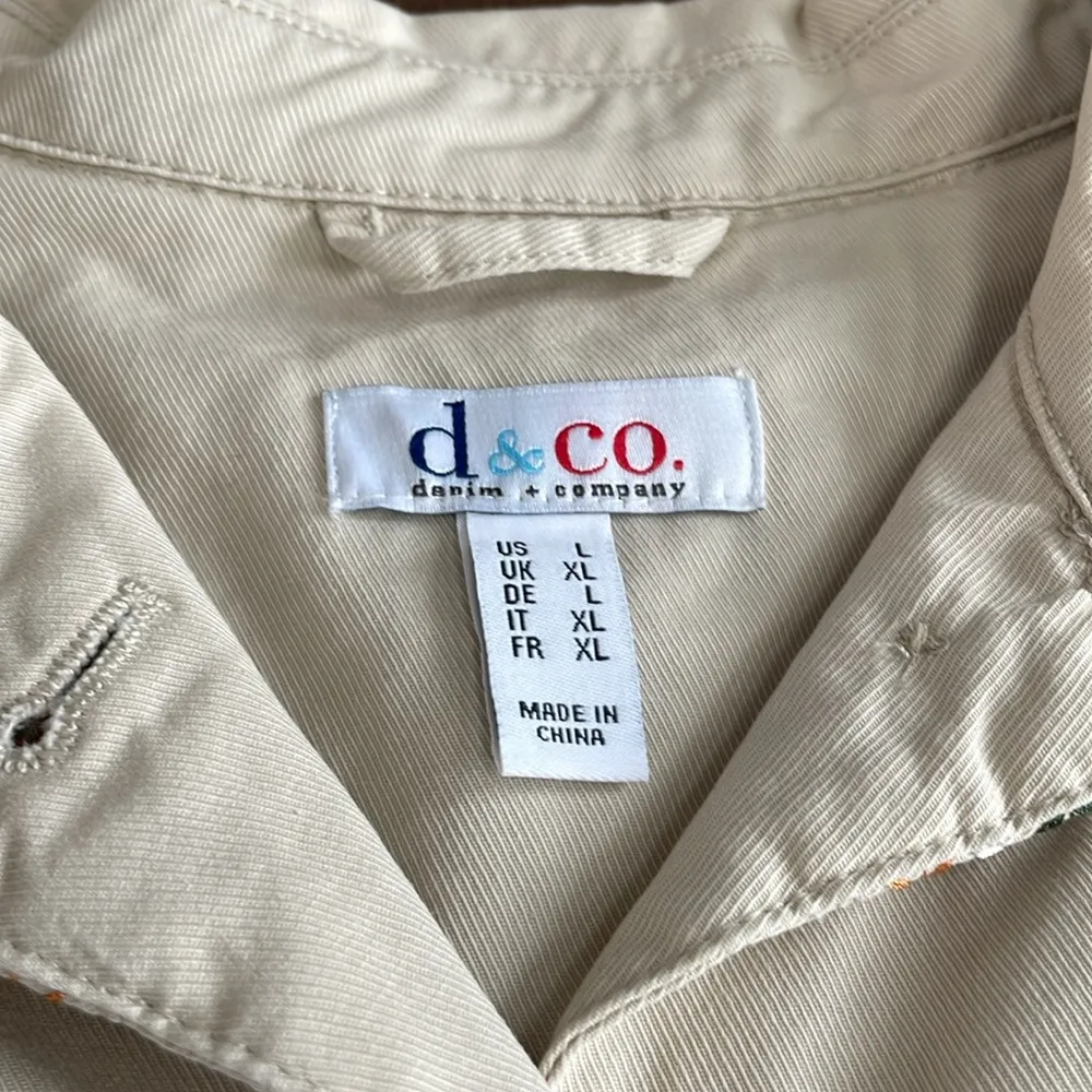 Denim & Co. Cotton Lightweight Jacket Button up High Low Tan Embroidered Size L Size L - Image 3