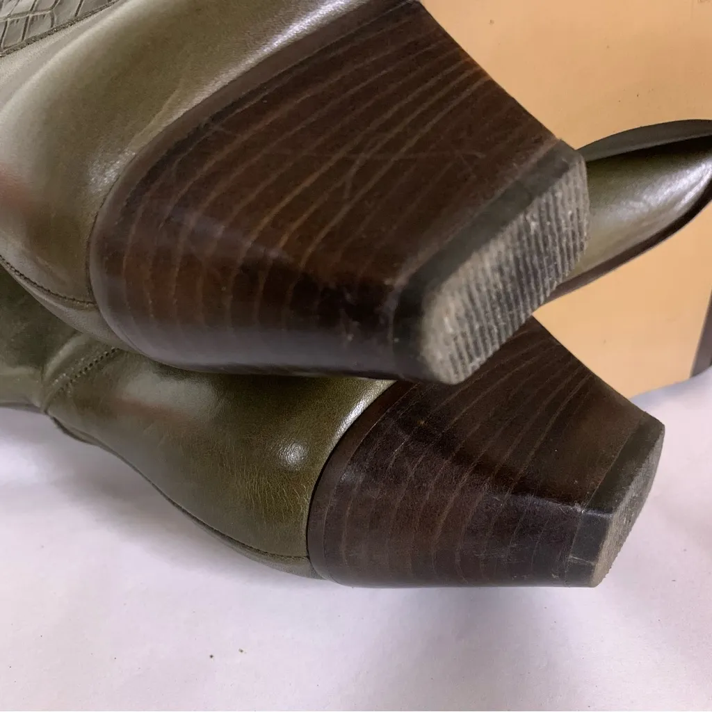 VINTAGE 1980'S HARSCH PATCHWORK LEATHER HEELED CALF HIGH BOOTS (5) Green - Image 10