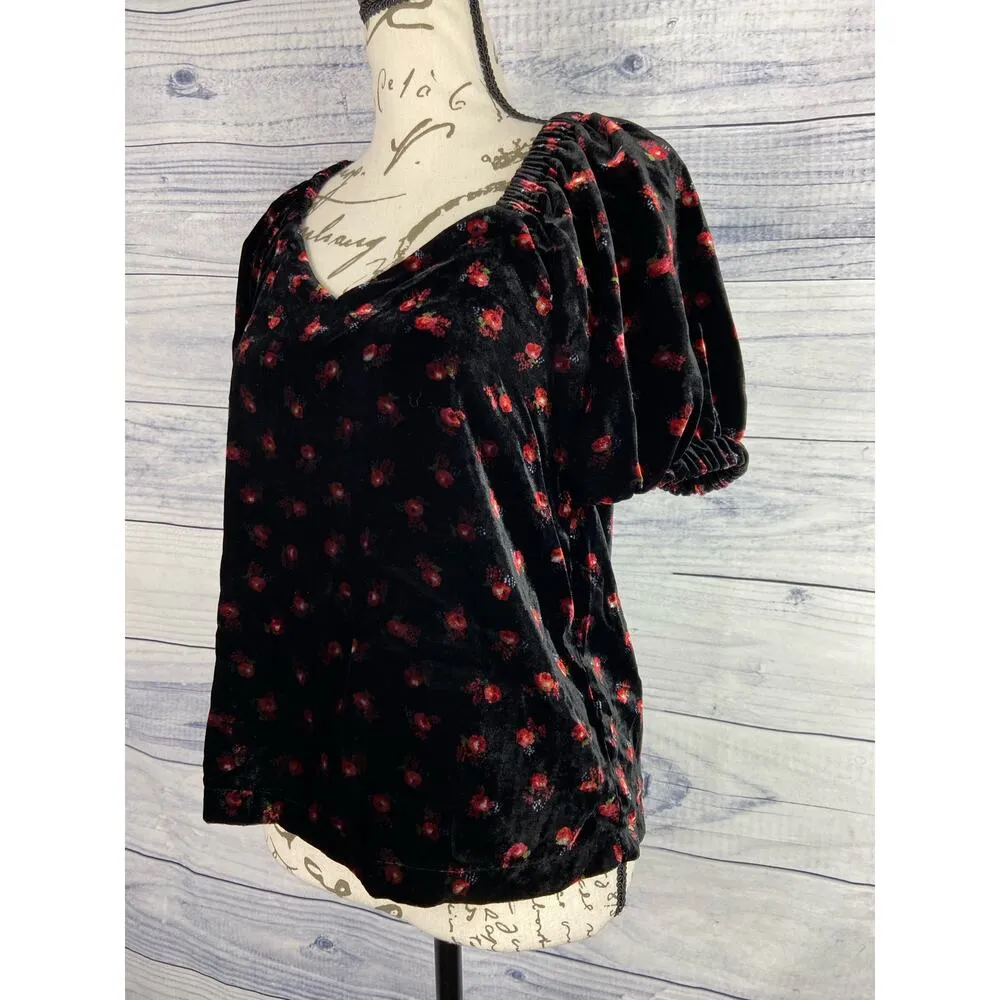 Loft Puff Sleeve Velvet Top Womens XXSp Petites Sweetheart Neck Floral - Image 4