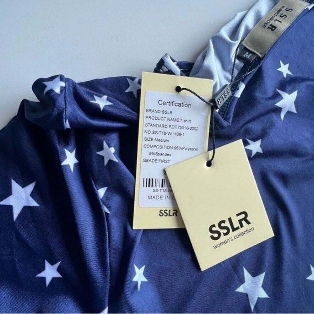 SSLR vogue life size M women’s collection patriotic flag shirt star navy white. Blue Size M - Image 5