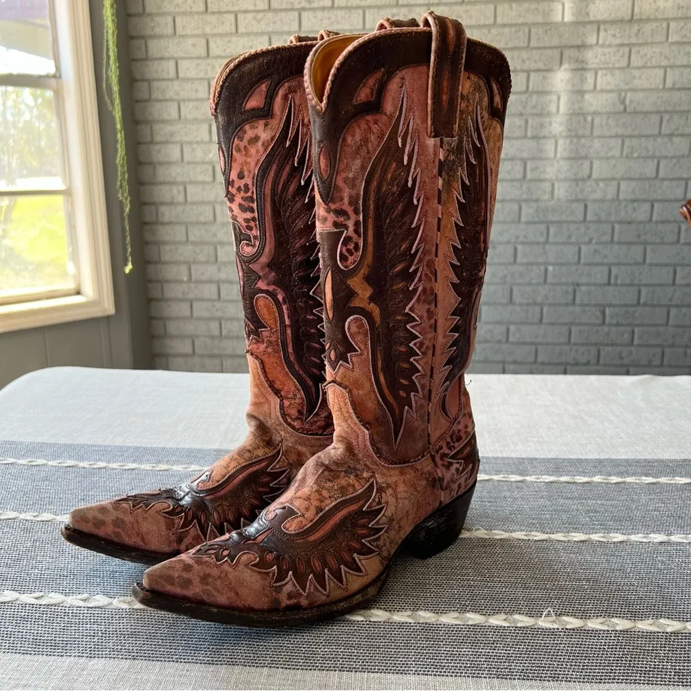Old Gringo Eagle Distressed Pink Leather Western Boots Leopardito Cowgirl 6.5 - Image 5