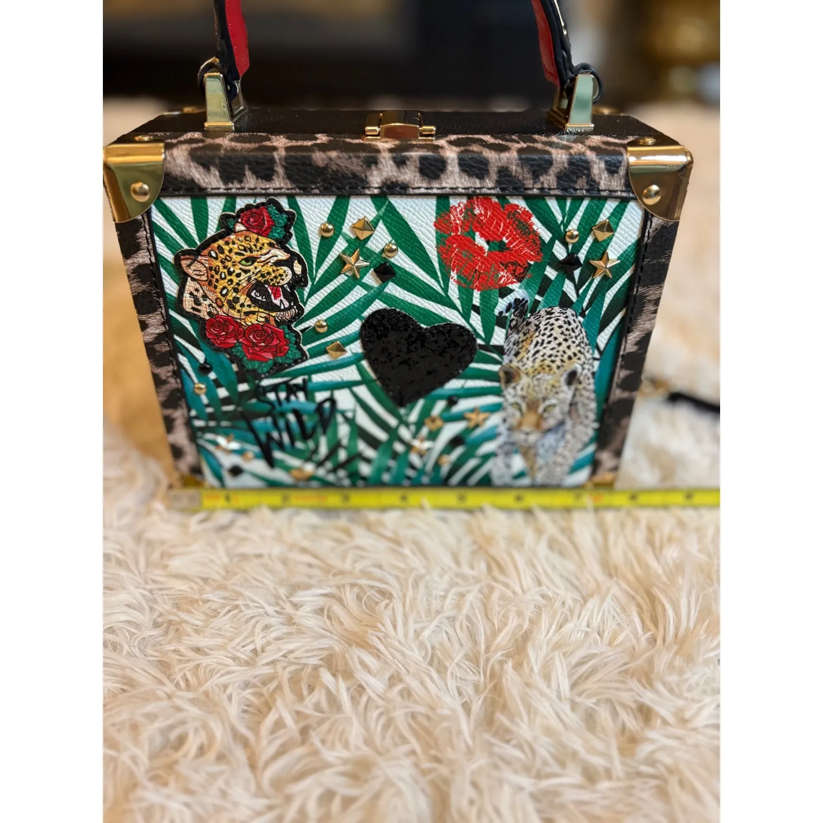 HOT ALDO‎ Wild Jungle Print Box Bag Leopard Lips Heart Crossbody Chain Handbag - Image 8