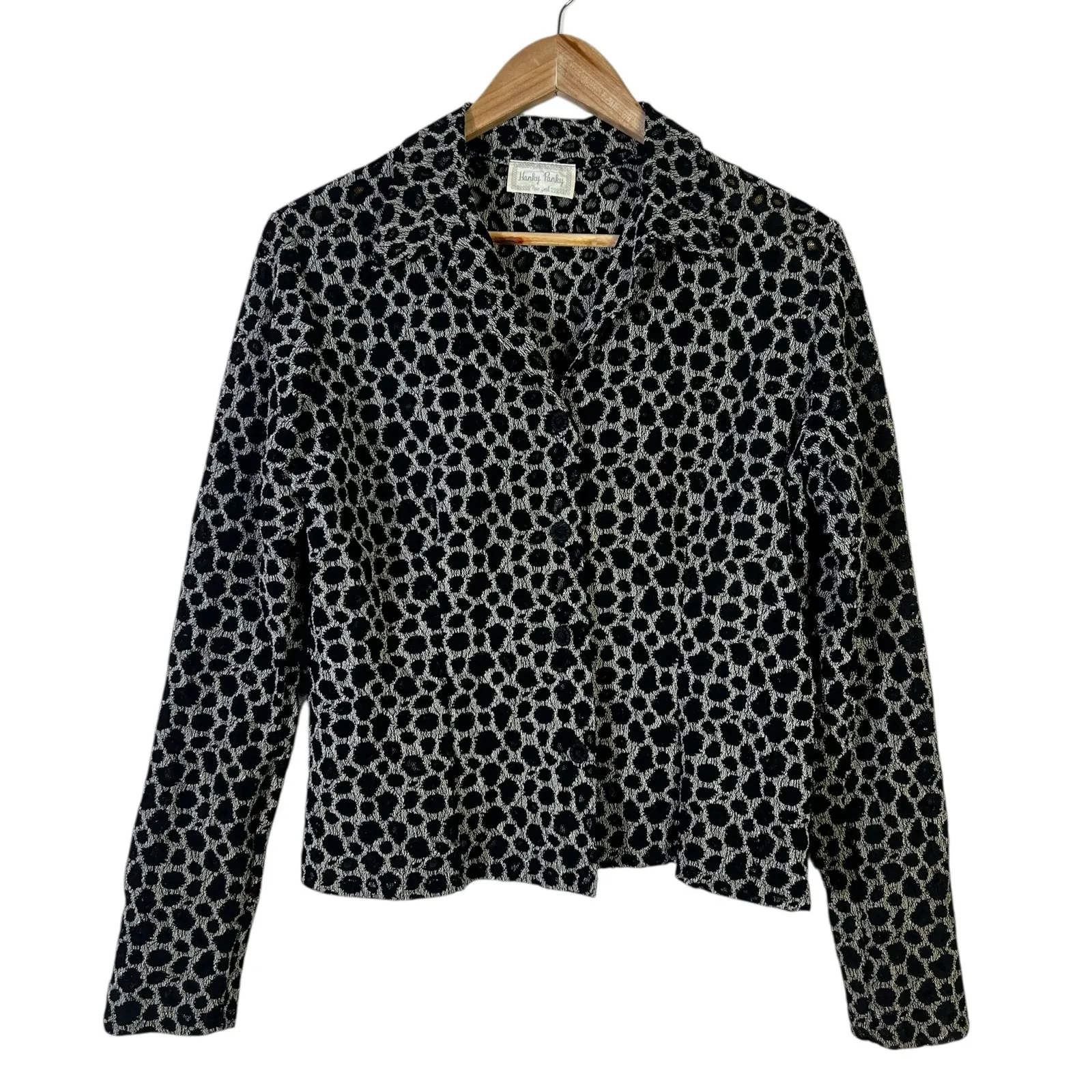 Vintage Hanky Panky Textured Burnout Button Down Top Womens M Black Lace Retro - Image 2