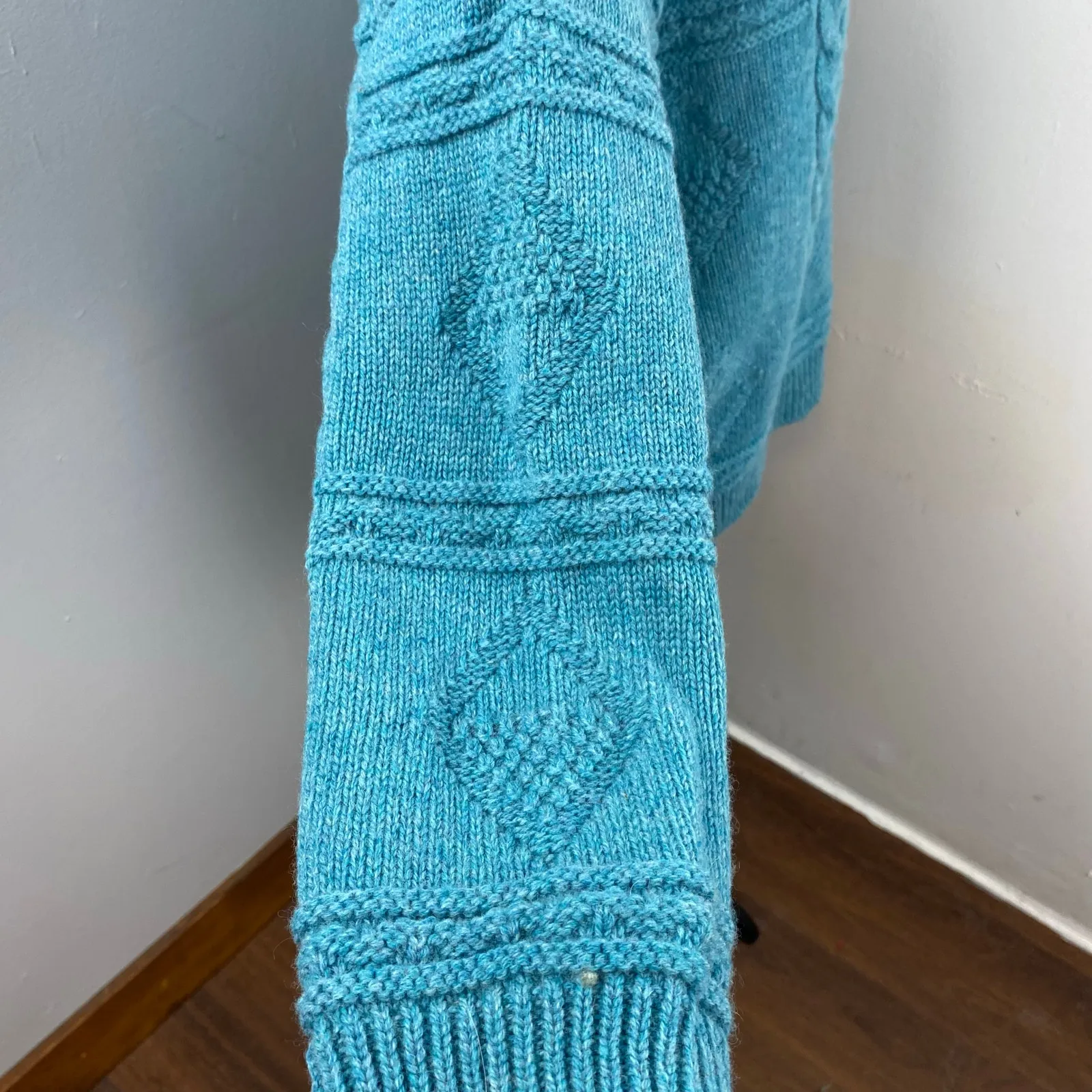 Vintage 80s Teal Irish Aran Sweater 100% Wool Large Blue - Image 5