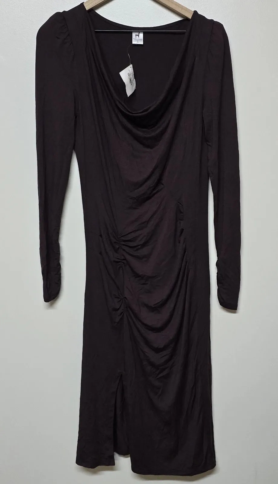 Peruvian Connection D'Orsay Dress Small Brown Long Sleeve Ruched Cowl Neck Midi - Image 1