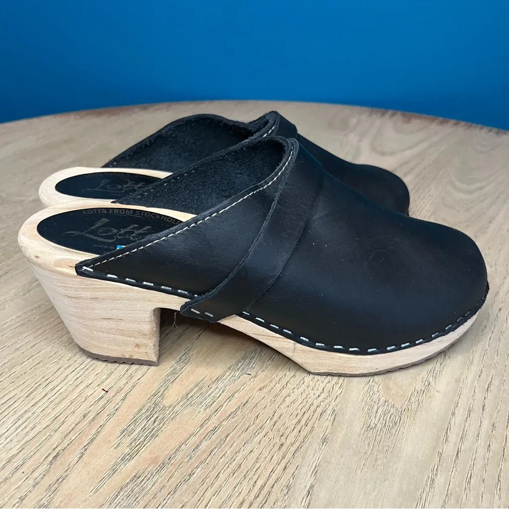Lotta From Stockholm Black Leather Swedish Clogs Wooden Heel EU 39 Women’s 8.5 - Image 2