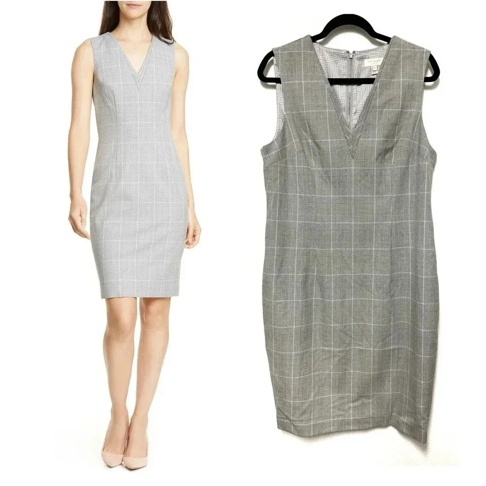 NWOT $295 Ted Baker Avriild Plaid Check V-Neck Sheath Dress - Business Workwear - Image 2
