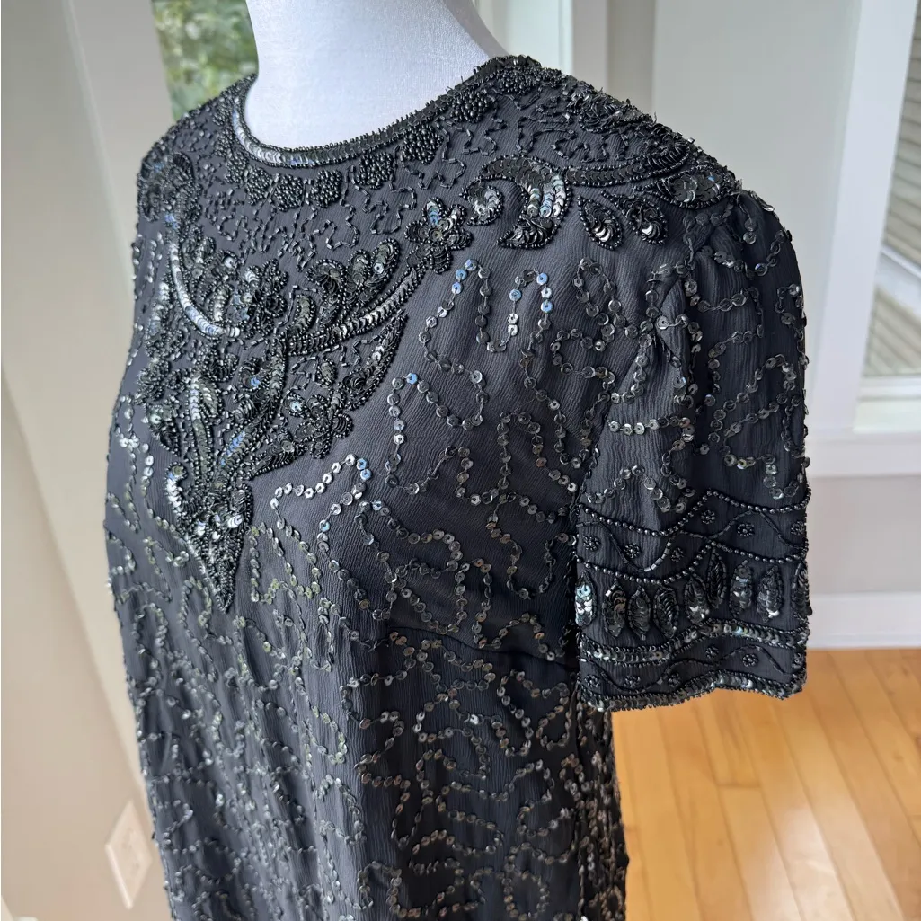 Vintage Papell Boutique Black Beaded Silk Short Sleeve Sheath Dress Size 8 - Image 4