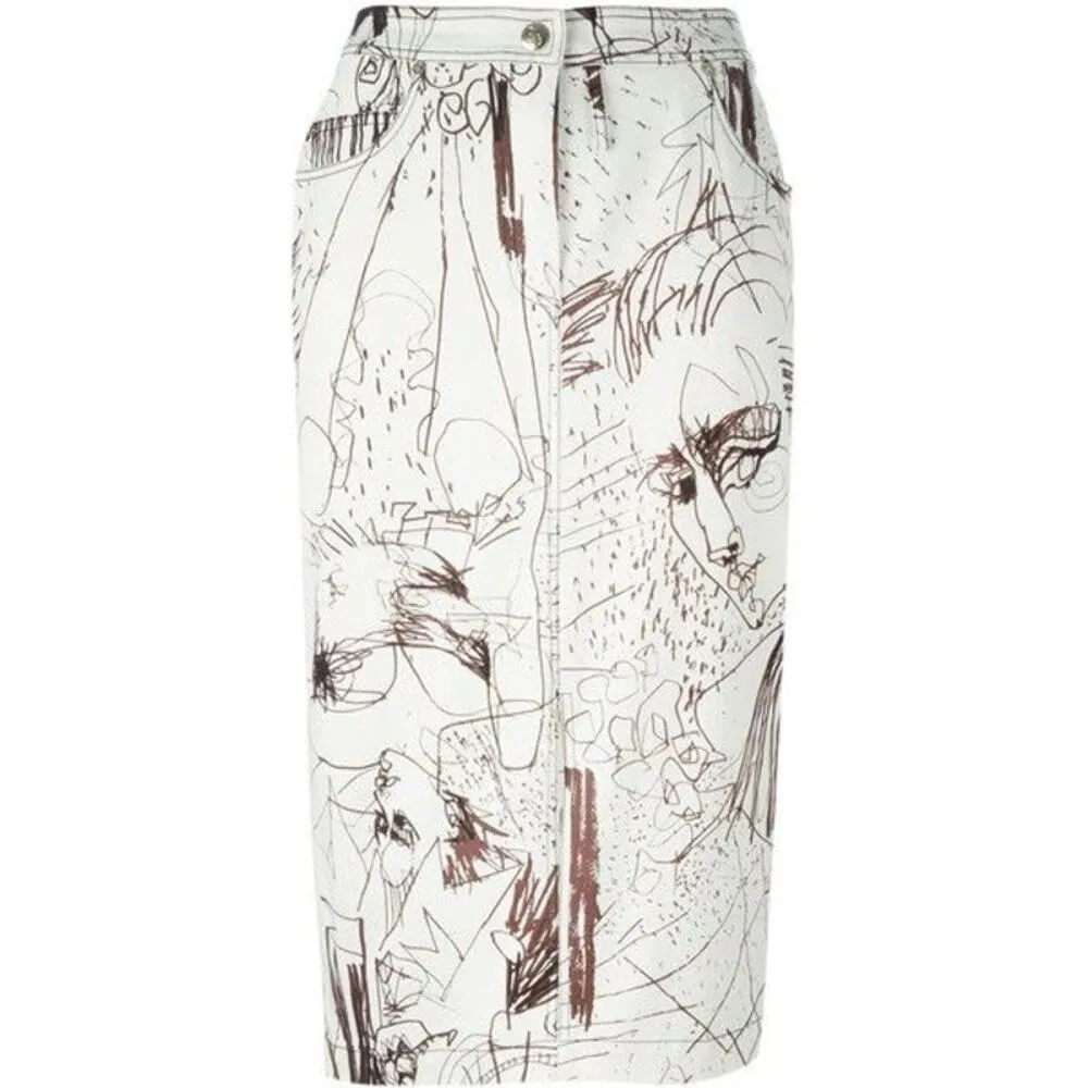 Vintage John Galliano Skirt Denim Pencil Sketches Printed Kendall Jenner Owned Brown Size XS - Image 13