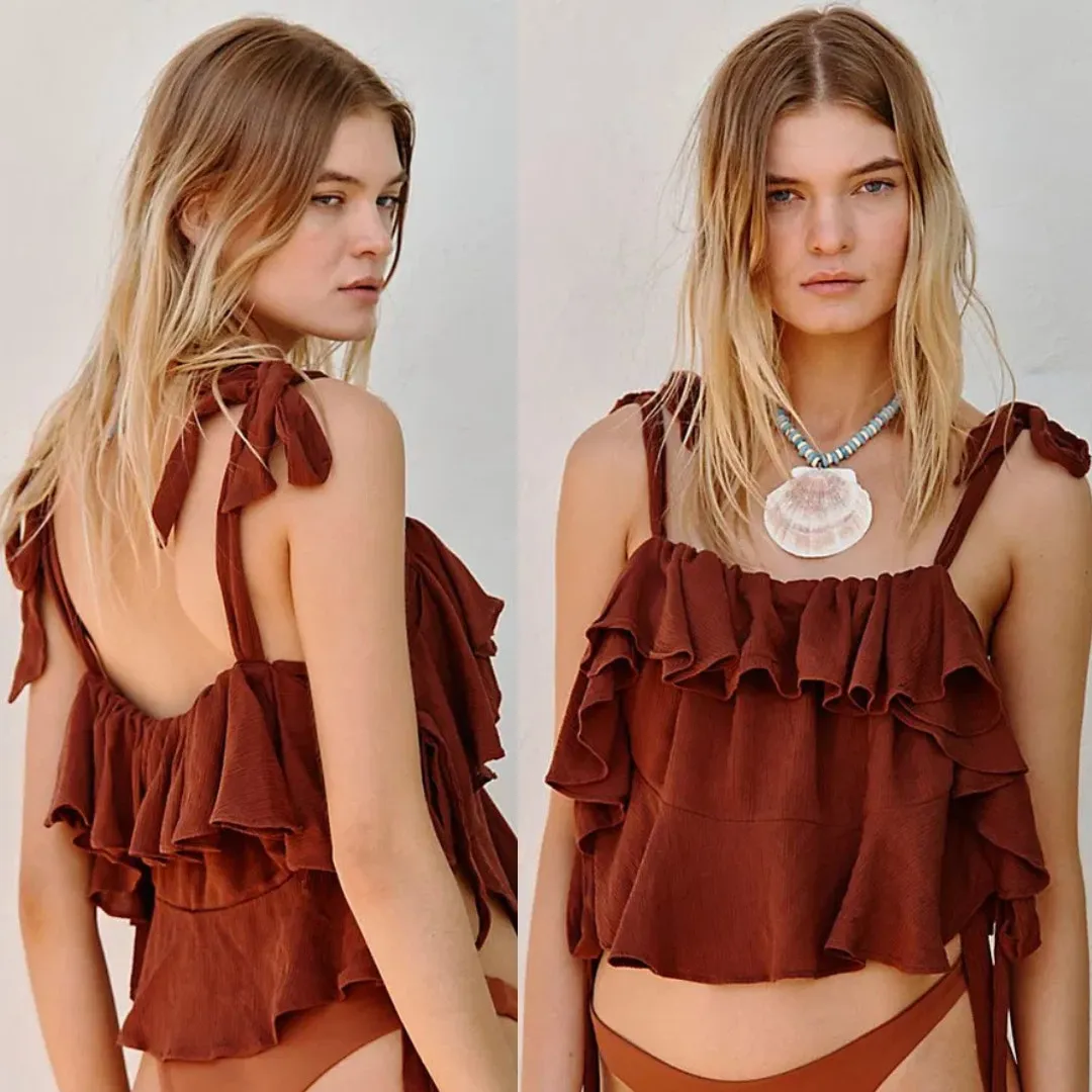 NEW Free People Radiance Top Umber Brown Tie Ruffle Coquette Dainty Prarie Large - Image 3