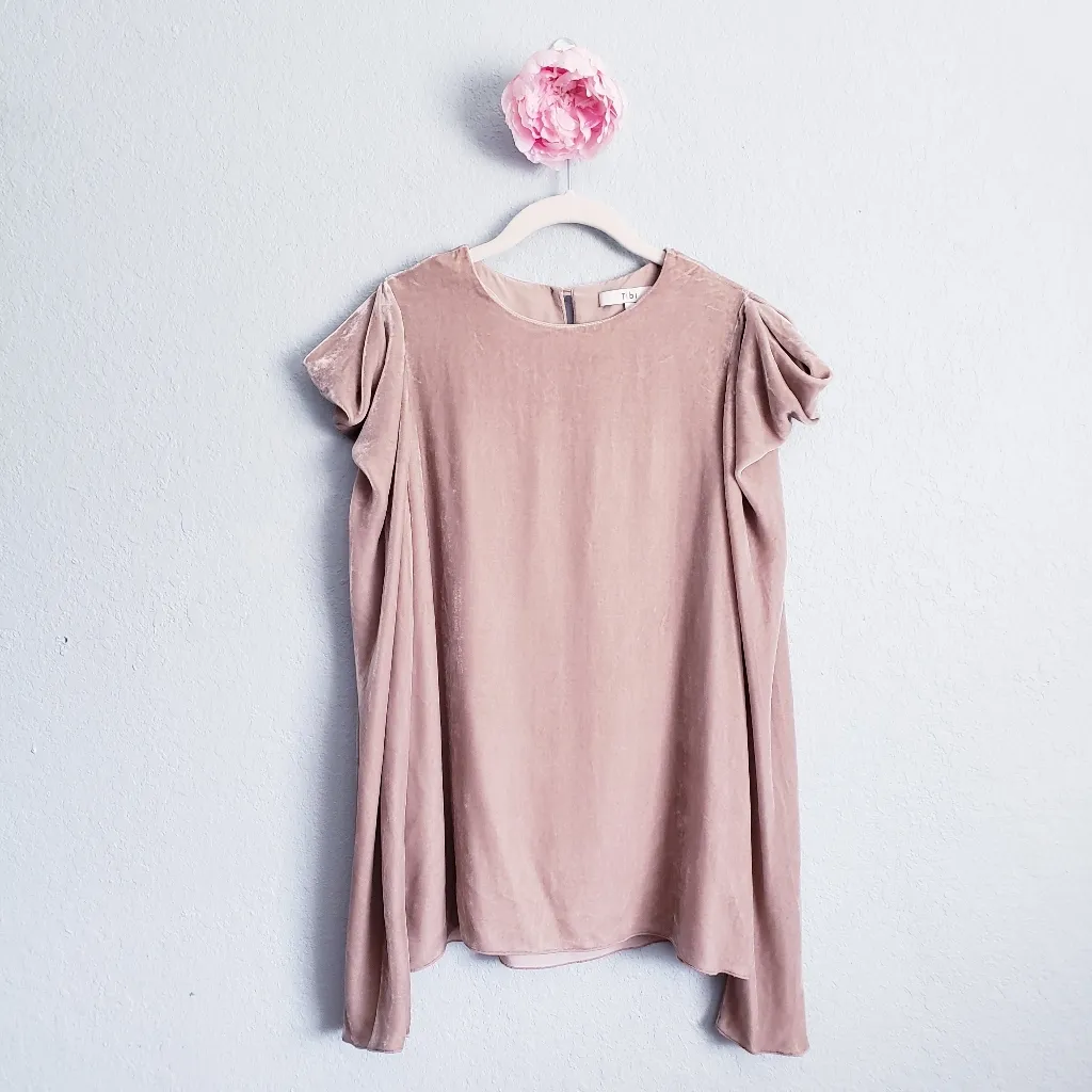 Tibi Silk Velvet Marble Cream Drape Sleeve Top - Image 3