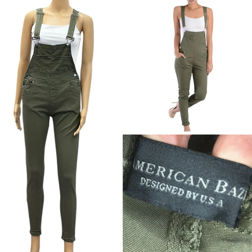 American Bazi Cotton Stretch Skinny Overalls Olive Green 7 Pocket Womens Small - Image 2
