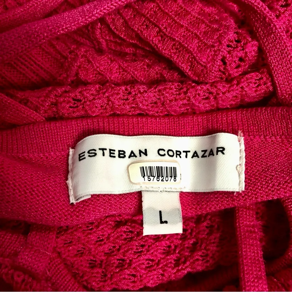 Esteban Cortazar Collective Stretchy Midi Dress Hot Pink Crochet Wedding Guest L - Image 15