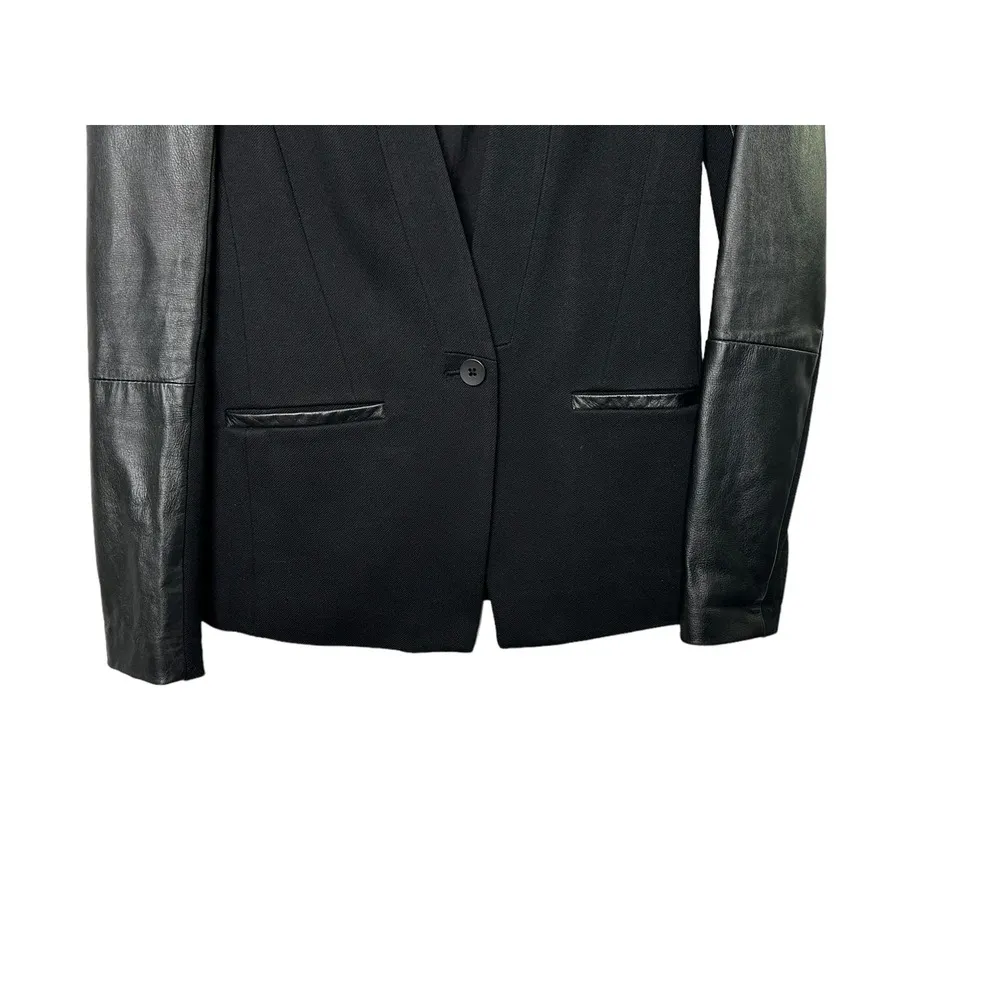 Madewell Black Leather and Twill One Button Blazer Women's Size 0 - Image 2