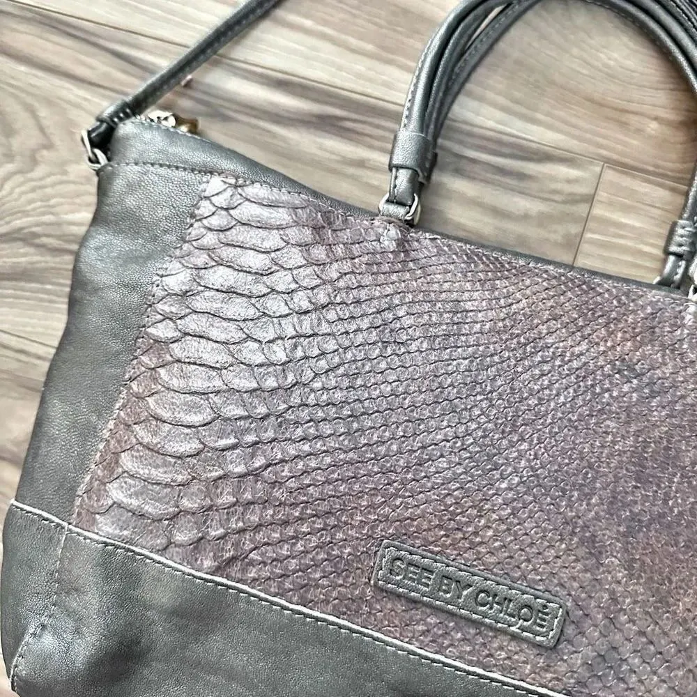 CHLOÉ CHLOE | Snake Embossed Leather Tote Crossbody Gray Gunmetal Metallic Bag - Image 2