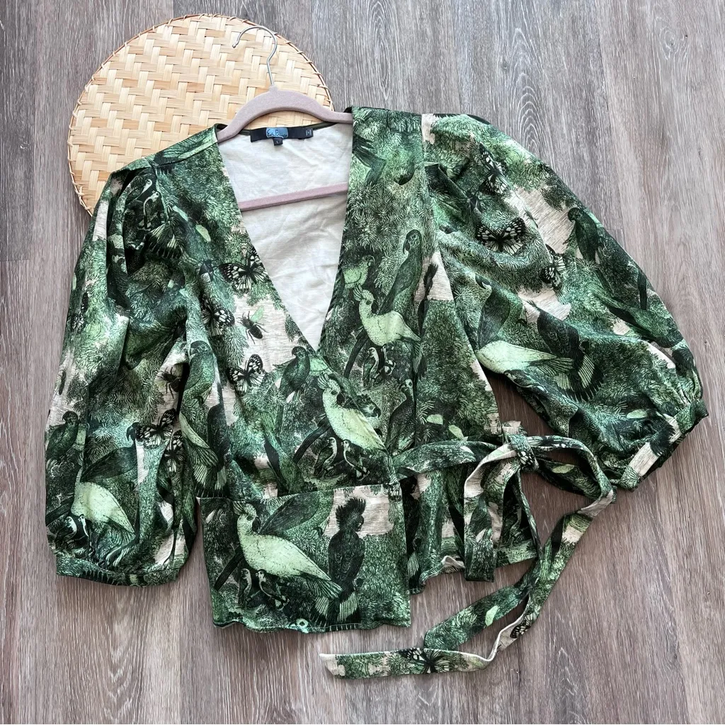 Anthropologie Eva Franco aves wrap blouse parrot &‎ butterfly print - Image 2