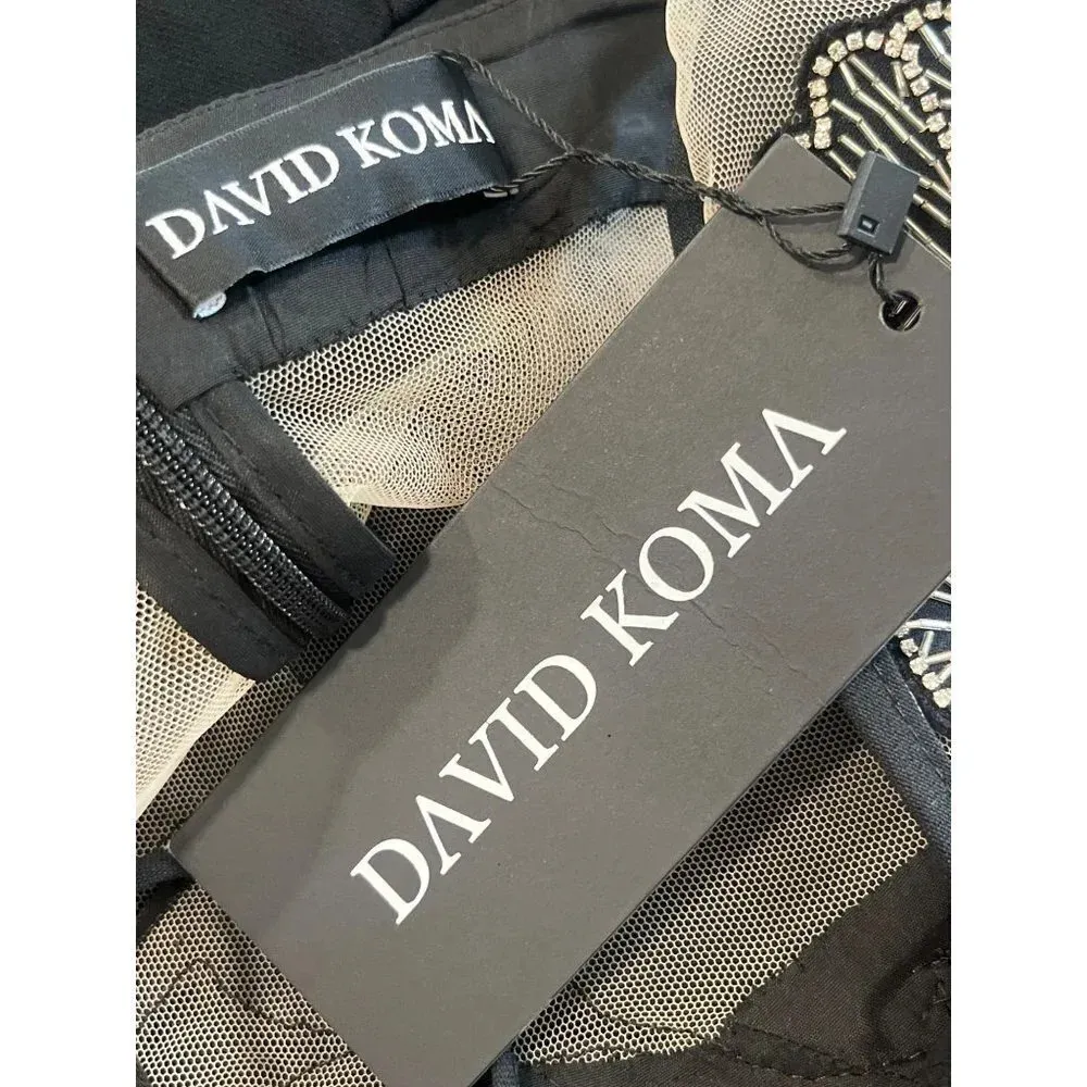 DAVID KOMA Crystal Flower Embroidered Patches Jumpsuit in Black Silver 2 New - Image 9