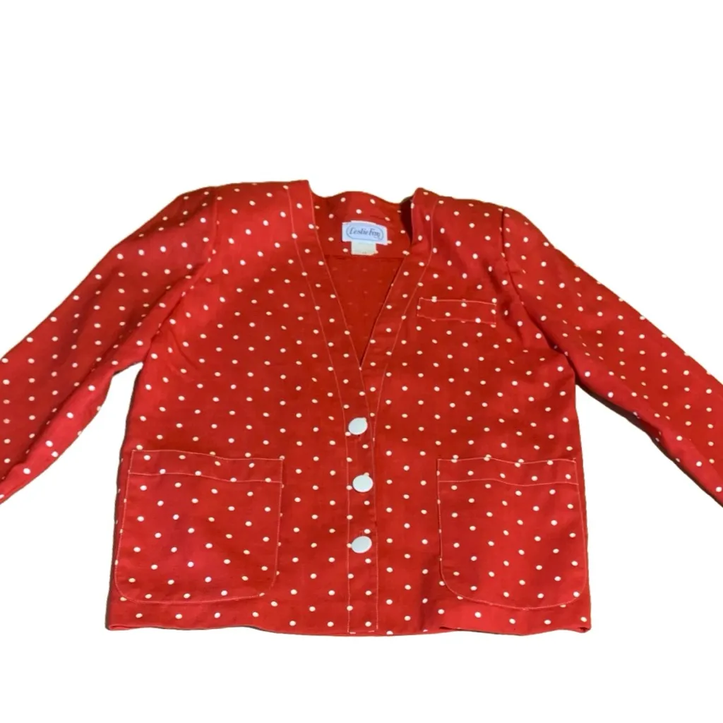 VINTAGE 1980'S LESLIE FAY RED & WHITE POLKA DOT COTTON JACKET (10) - Image 9