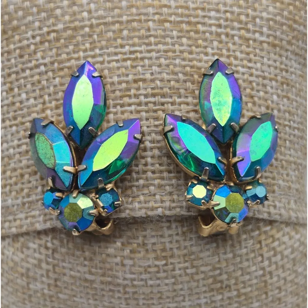 Cool Vintage Blue Iridescent AB Crystal Gold Tone Clip On Earrings Prom Formal - Image 2