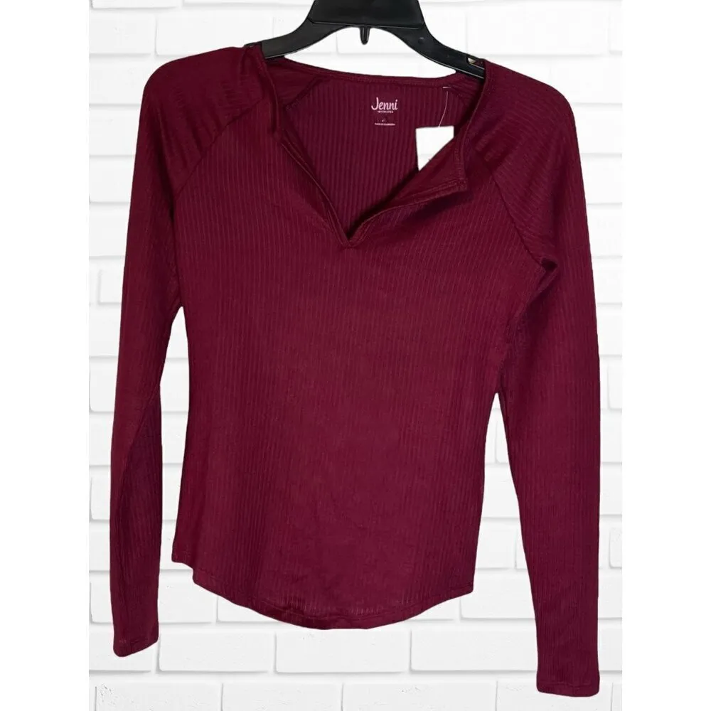 Jenni Intimates Women's S Split Neck Ribbed Henley Top Wine Red Long‎ Sleeve New - Image 2