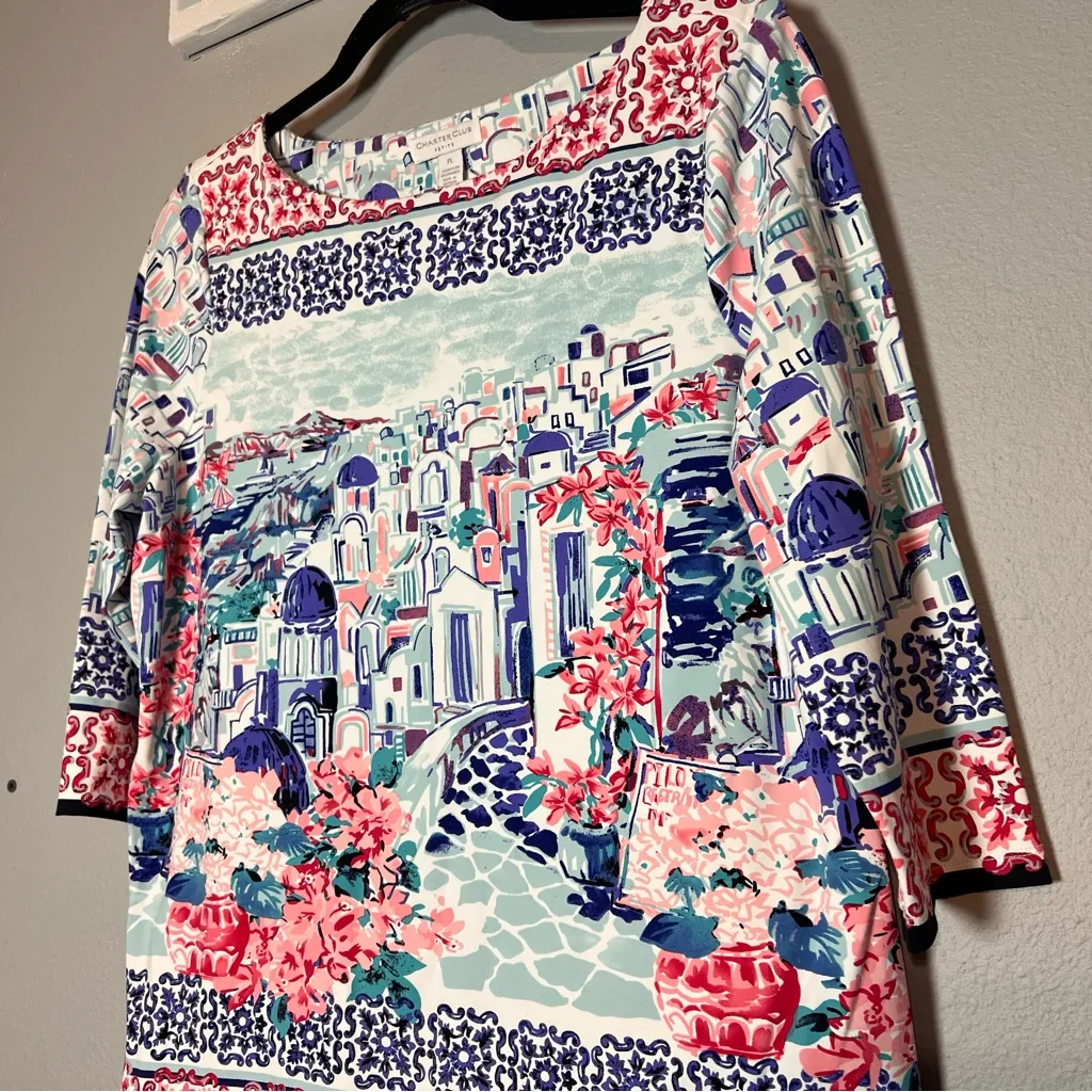 Charter Club Santorini Greece Print Shirt 3/4 Sleeve Wide Neck Size PL - Image 4