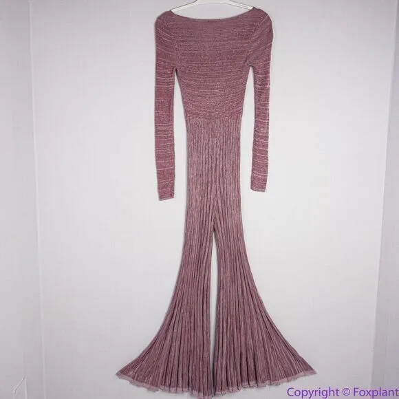 NEW‎ Free People Pink Long Sleeve Knit Flare Pleated Lady Luck Jumpsuit, M - Image 4
