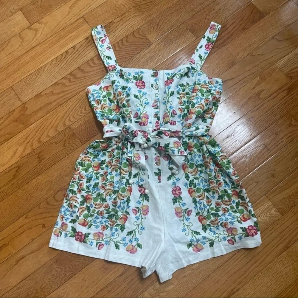 Farm Rio Crosstitch Floral Belted Romper linen blend off-white jumpsuit Sz XL - Image 7